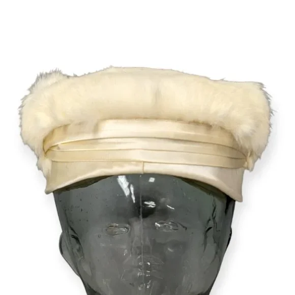 Vintage Ivory Rabbit Fur Pill Box Hat with Rhinestone Accent - Picture 6 of 12